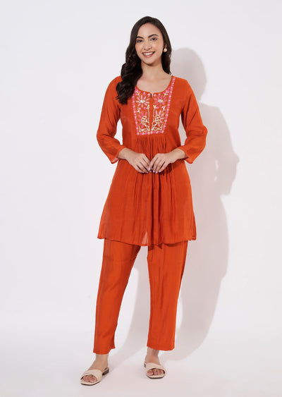 Dark Rust Muslin Short Kurti set
