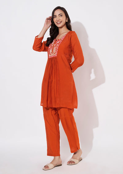 Dark Rust Muslin Short Kurti set
