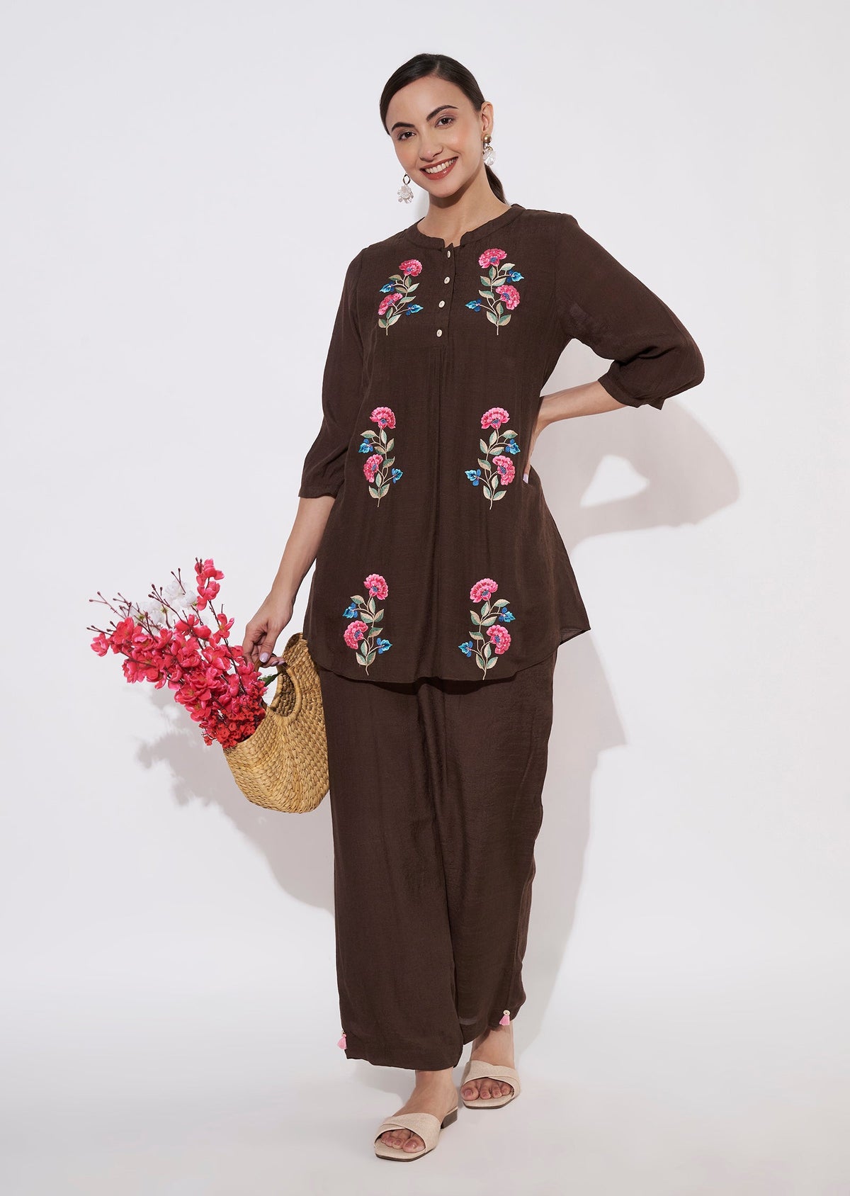 Dark Brown Linen Georgette Kurti set