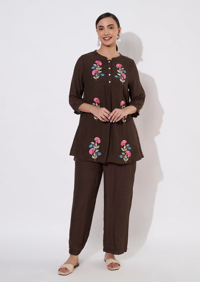 Dark Brown Linen Georgette Kurti set