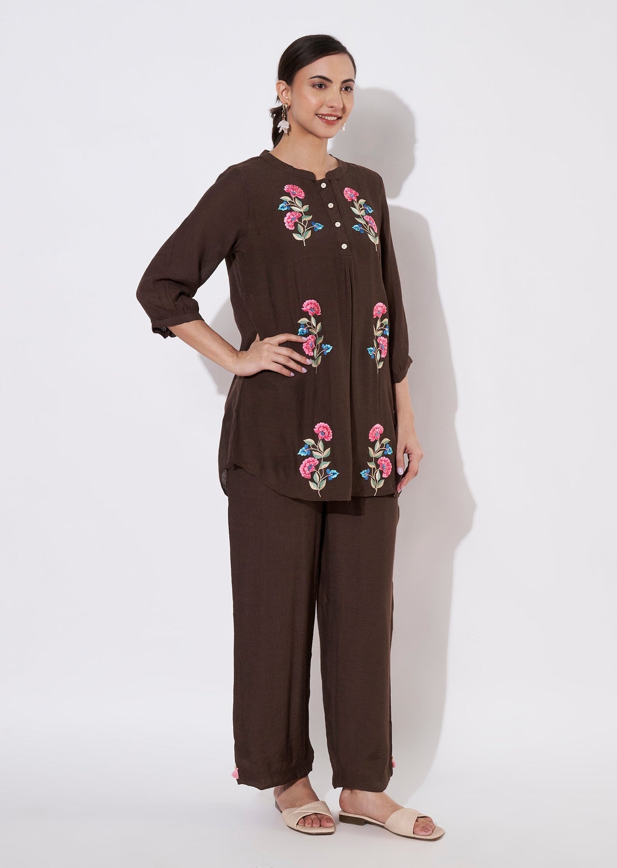 Dark Brown Linen Georgette Kurti set
