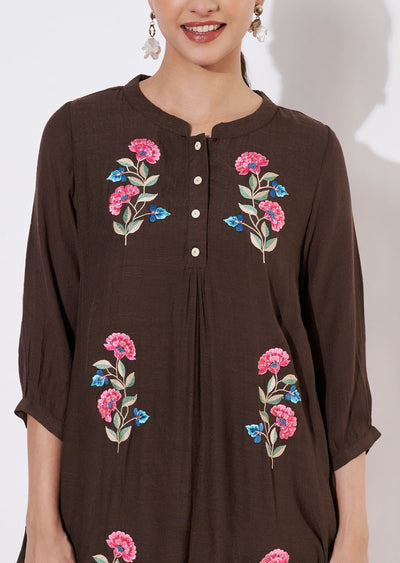 Dark Brown Linen Georgette Kurti set