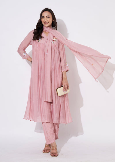 Dusty Peach Mul Chanderi Anarkali suit