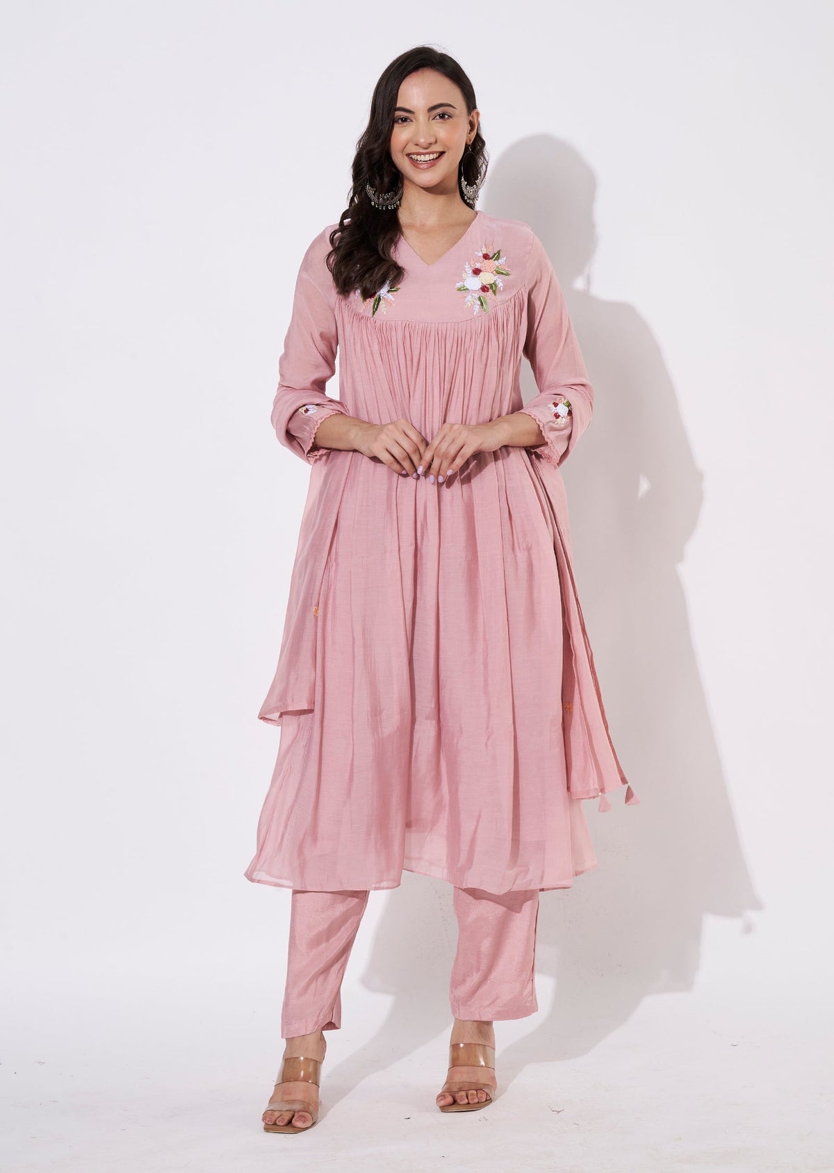 Dusty Peach Mul Chanderi Anarkali suit