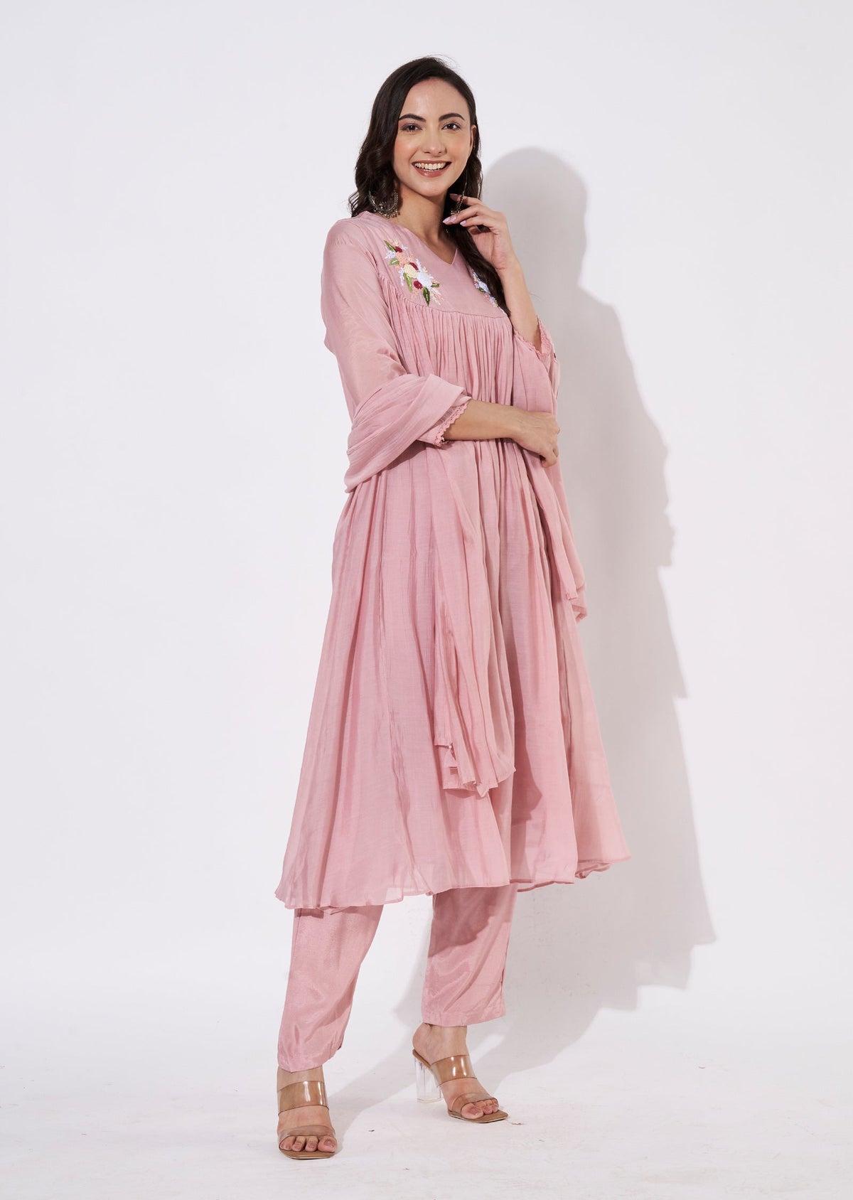 Dusty Peach Mul Chanderi Anarkali suit