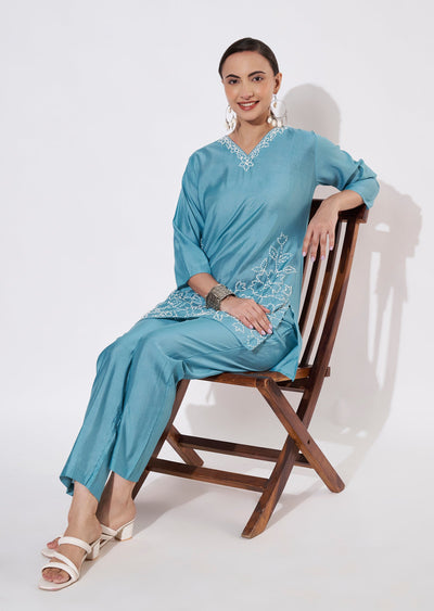Dusty Blue Mul Chanderi Kurti set