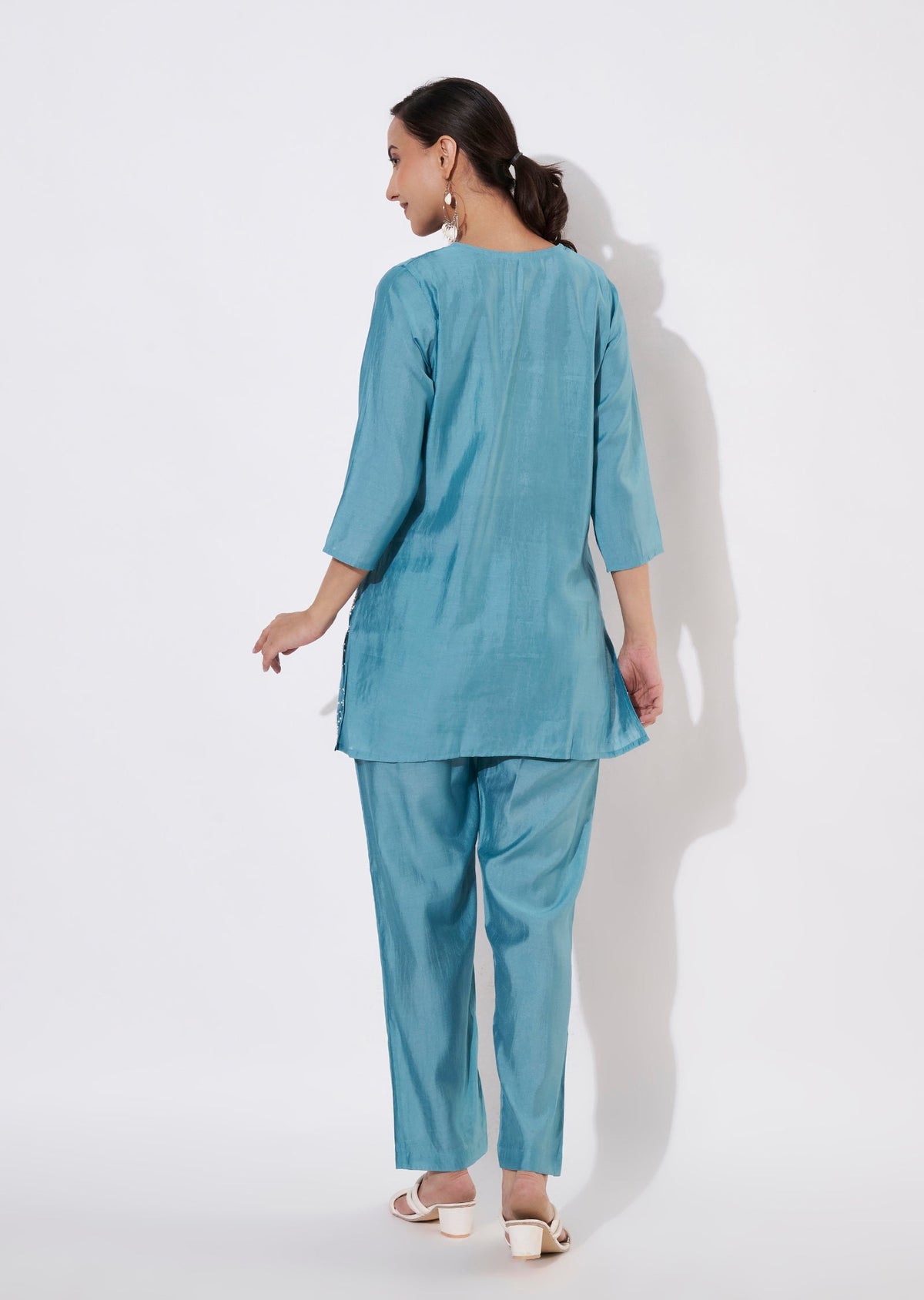 Dusty Blue Mul Chanderi Kurti set