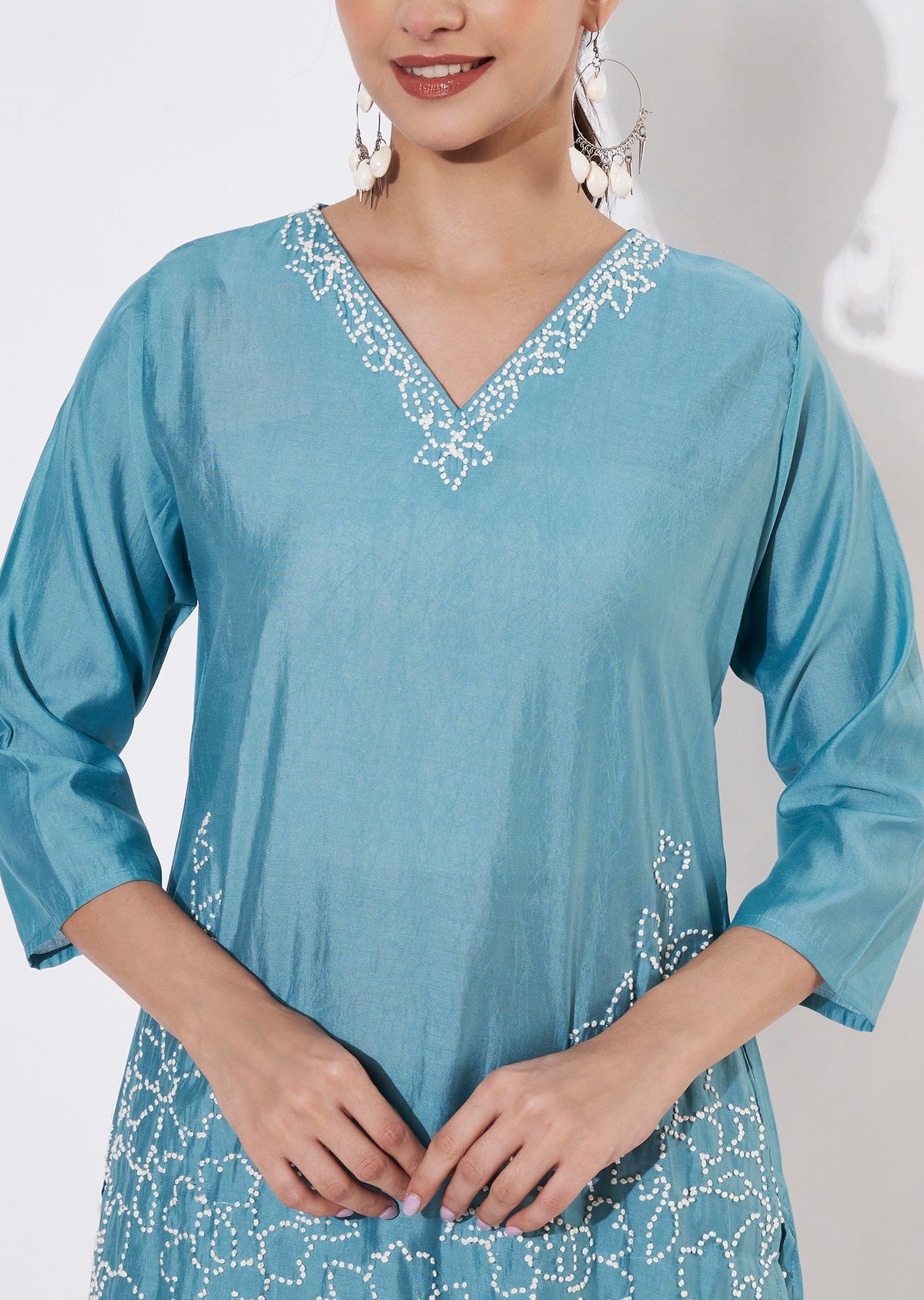 Dusty Blue Mul Chanderi Kurti set