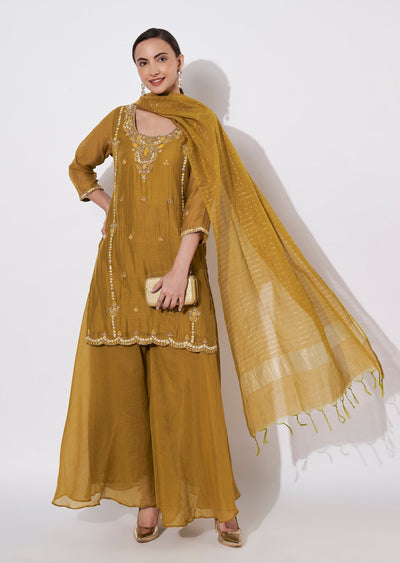 Dark Mustard Mul Chanderi Sharara Set