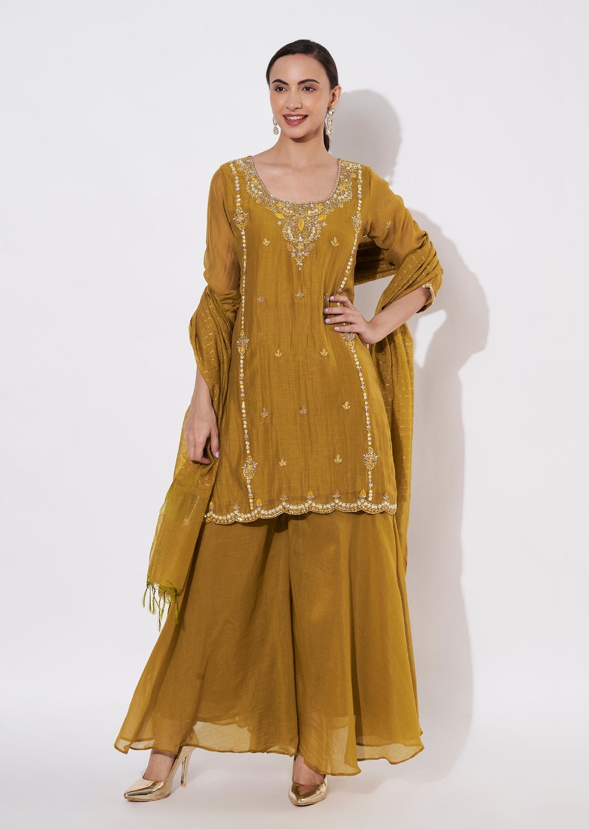 Dark Mustard Mul Chanderi Sharara Set