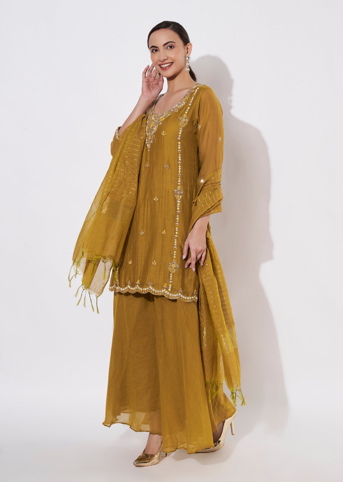 Dark Mustard Mul Chanderi Sharara Set
