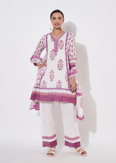 Cream & Mauve Cotton Short Anarkali suit