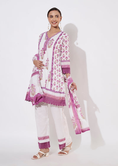 Cream & Mauve Cotton Short Anarkali suit