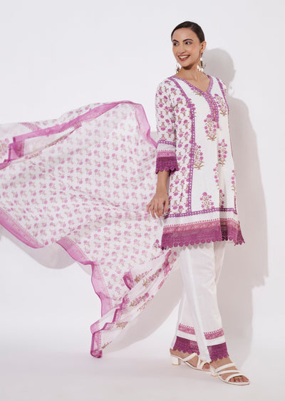Cream & Mauve Cotton Short Anarkali suit