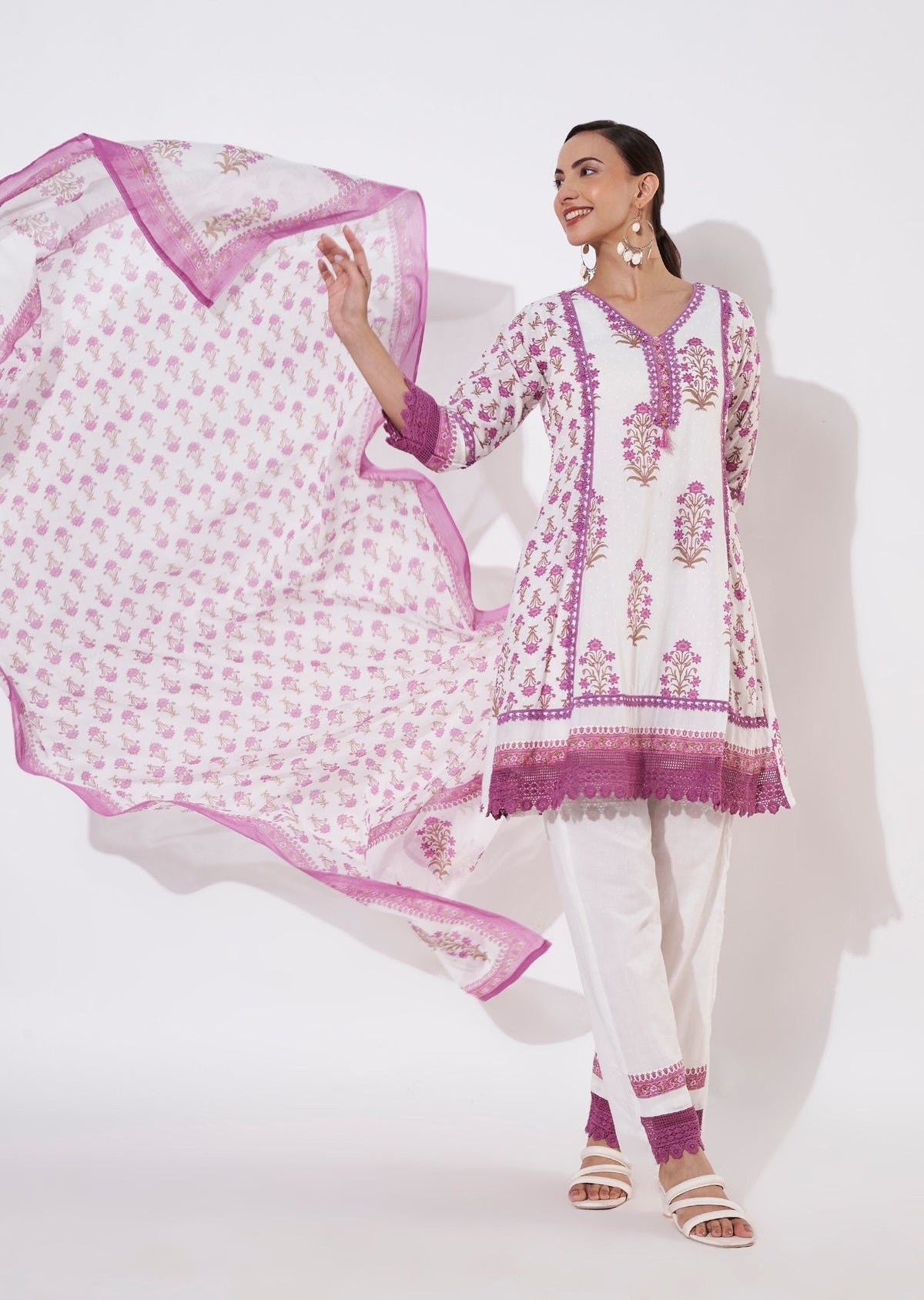 Cream & Mauve Cotton Short Anarkali suit