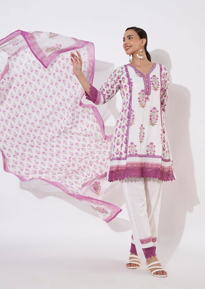 Cream & Mauve Cotton Short Anarkali suit