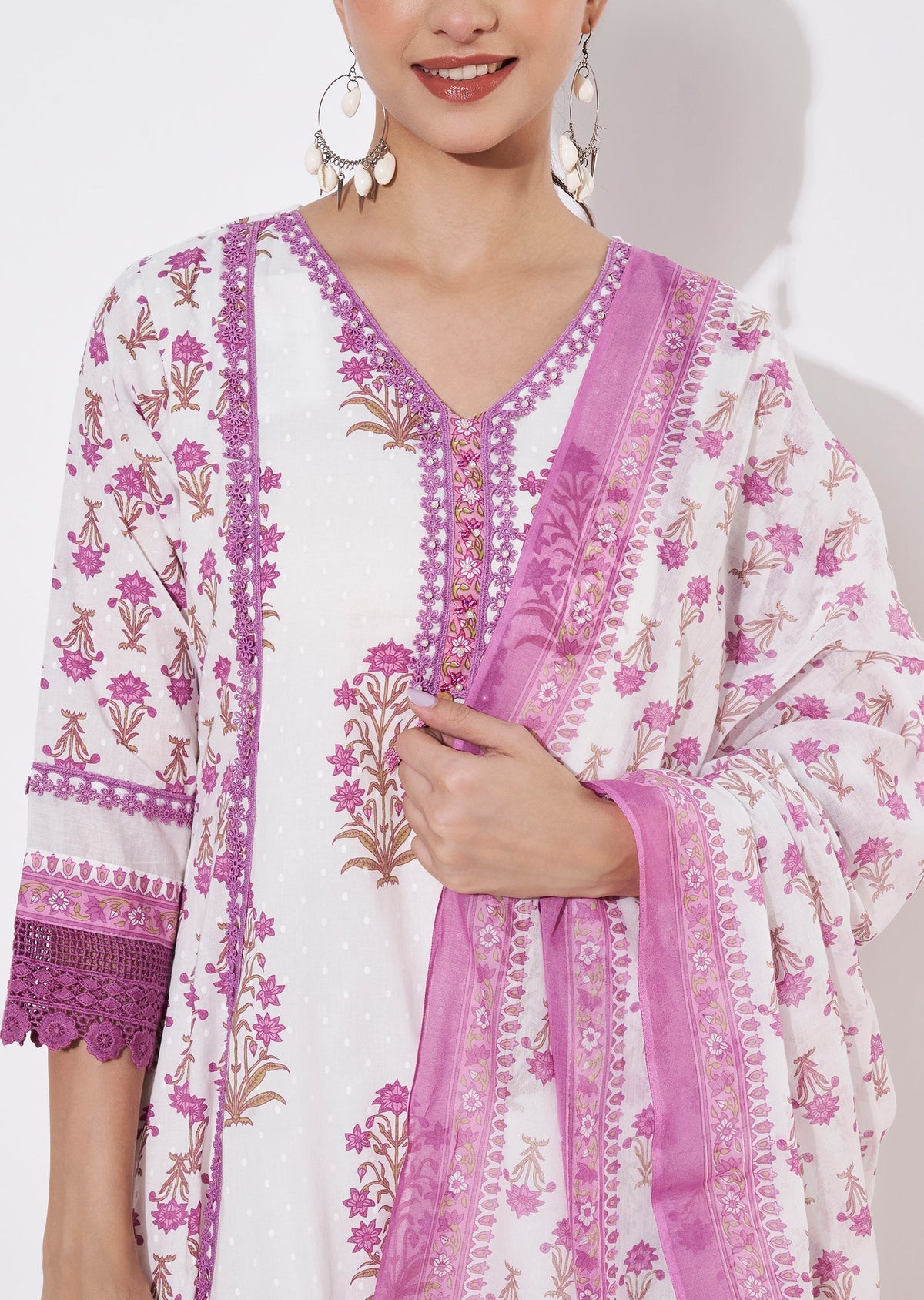 Cream & Mauve Cotton Short Anarkali suit