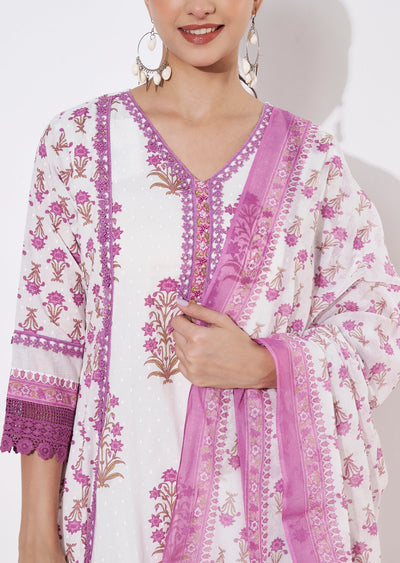 Cream & Mauve Cotton Short Anarkali suit