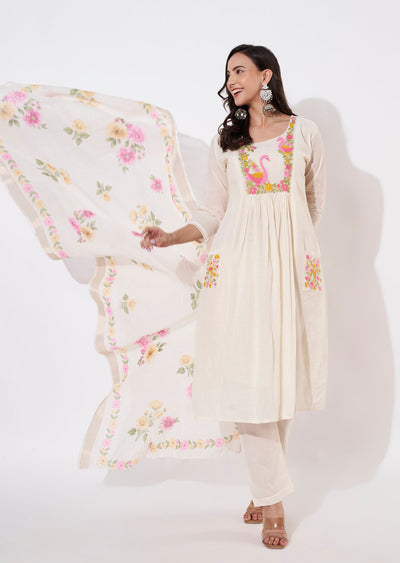Cream Cotton Anarkali suit