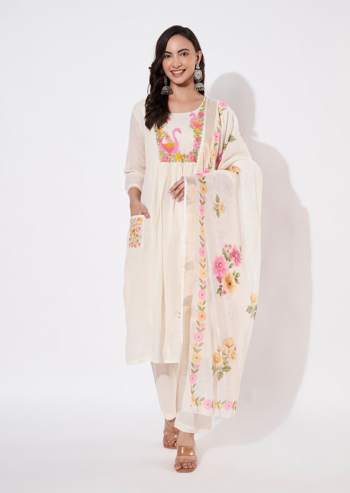 Cream Cotton Anarkali suit