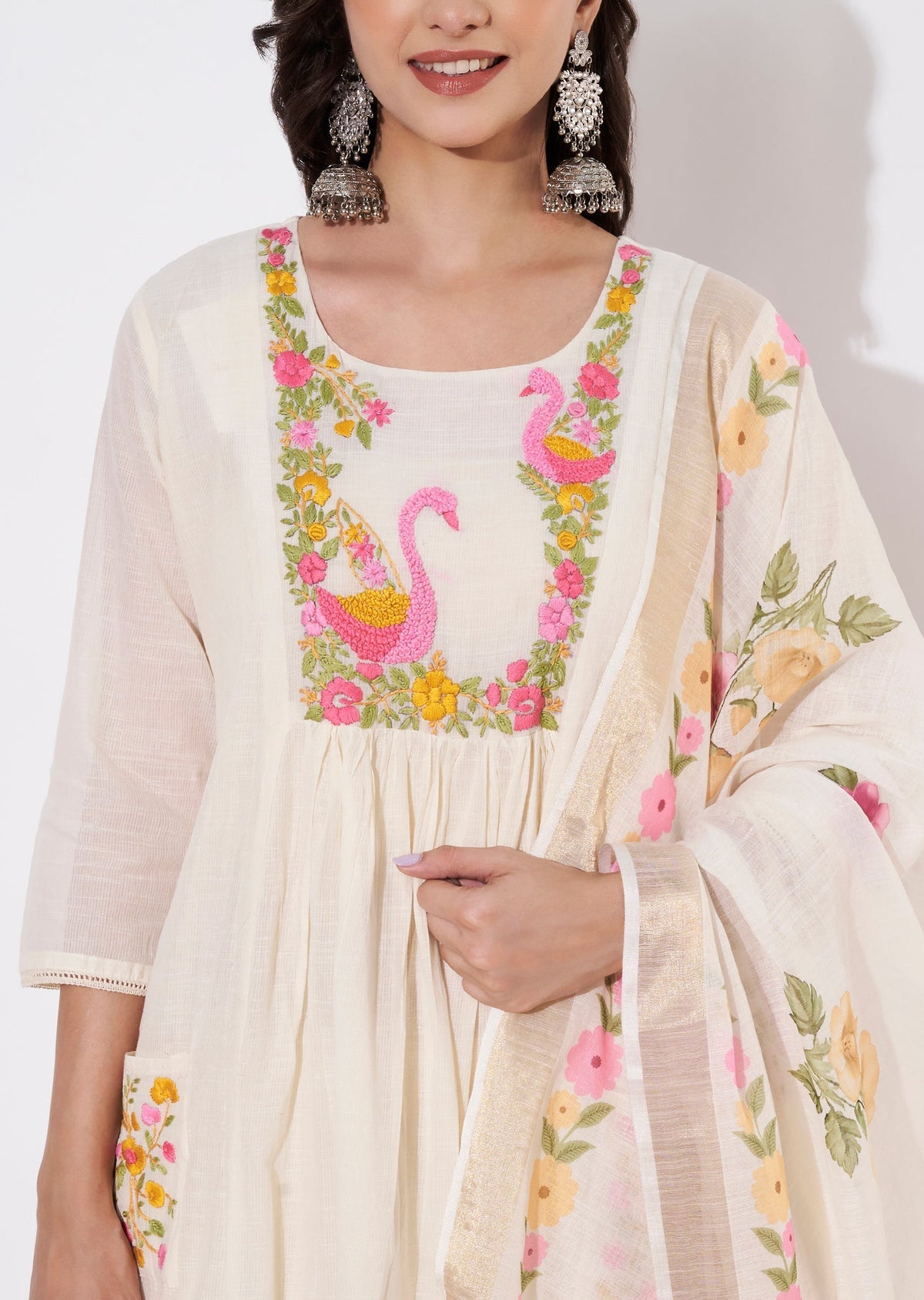 Cream Cotton Anarkali suit