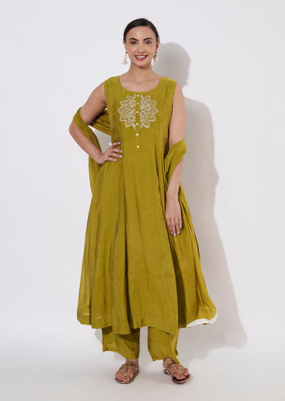 Mehndi Green Mul Chanderi Anarkali suit