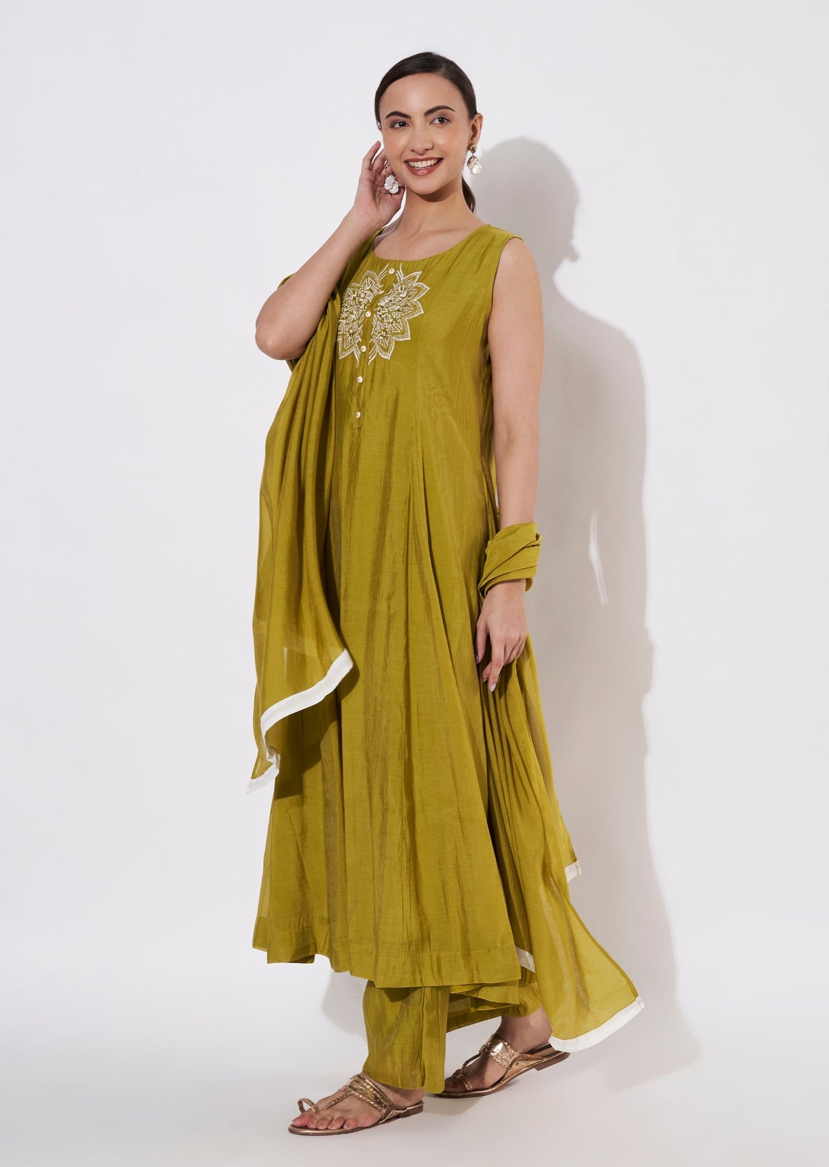 Mehndi Green Mul Chanderi Anarkali suit
