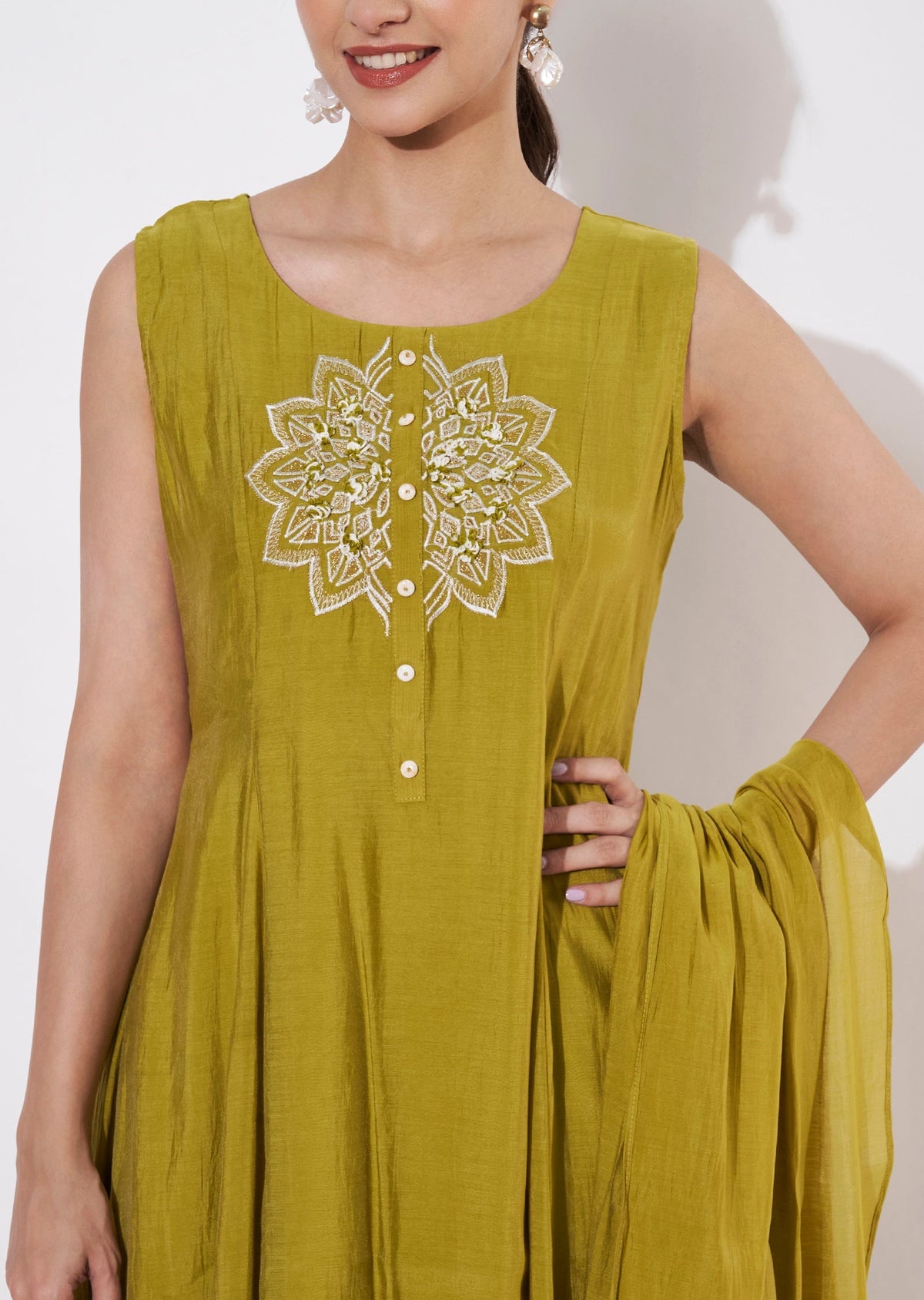 Mehndi Green Mul Chanderi Anarkali suit