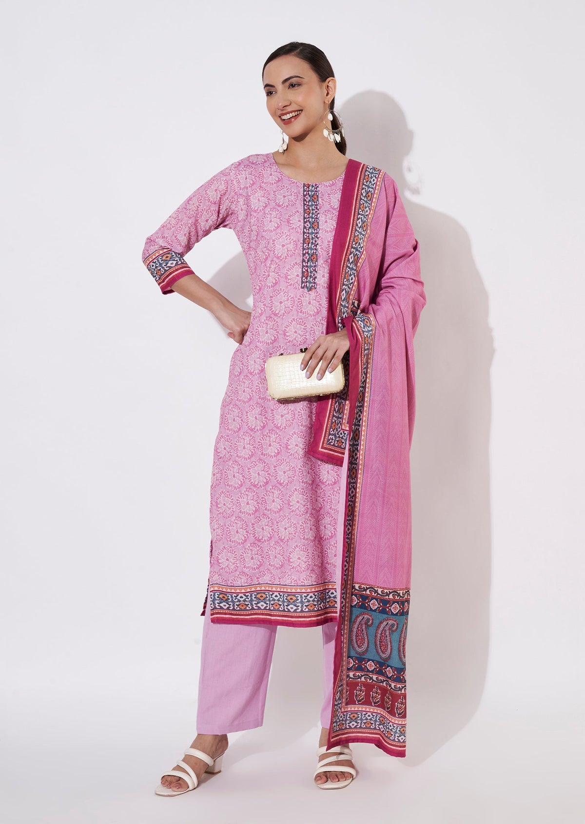 Pink Cotton Straight cut suit