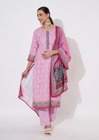 Pink Cotton Straight cut suit