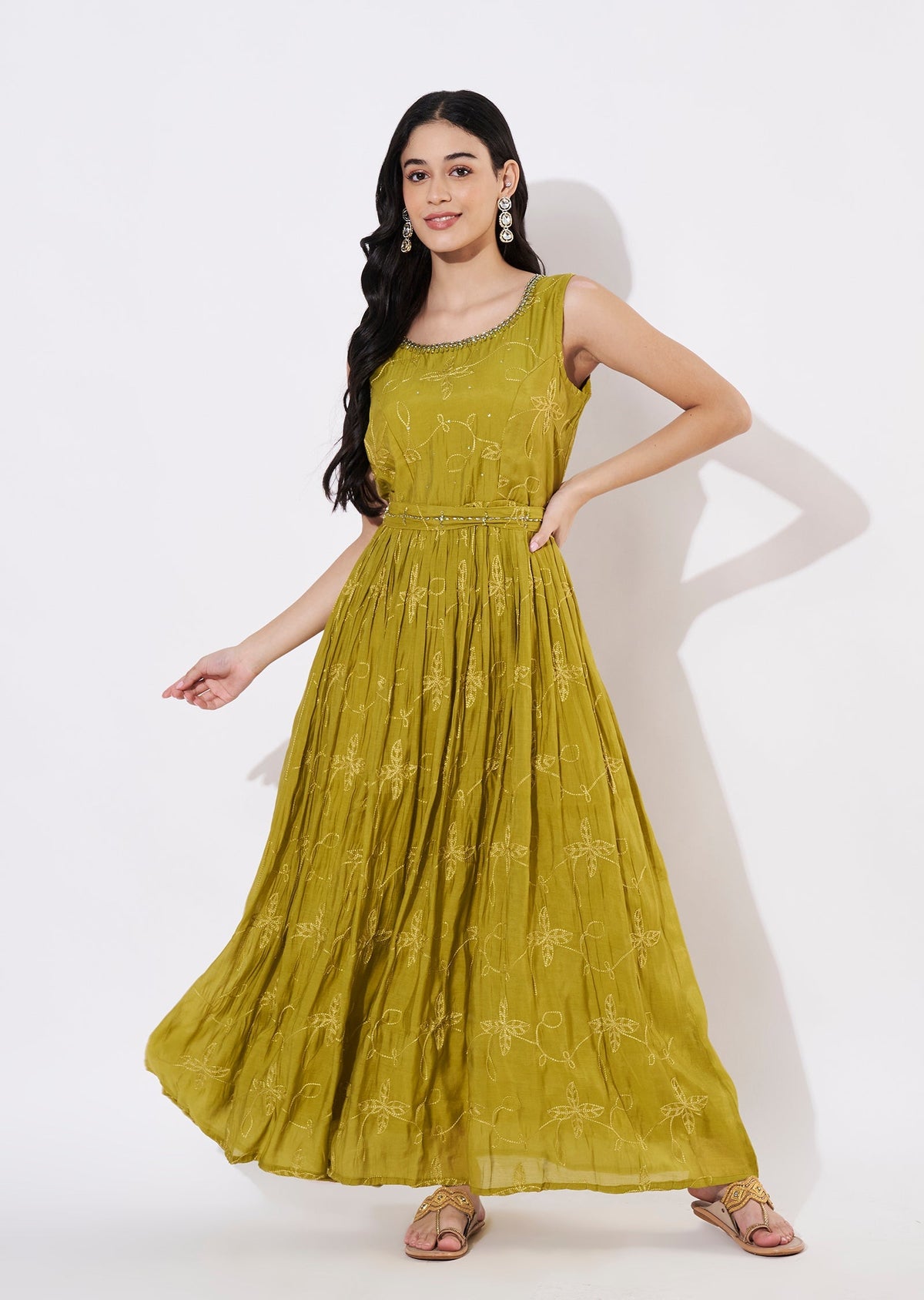 Mehndi Green Mul Chanderi Long Kurti