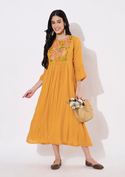 Mustard Linen Georgette Frock style kurti