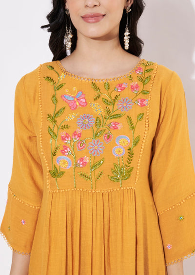 Mustard Linen Georgette Frock style kurti
