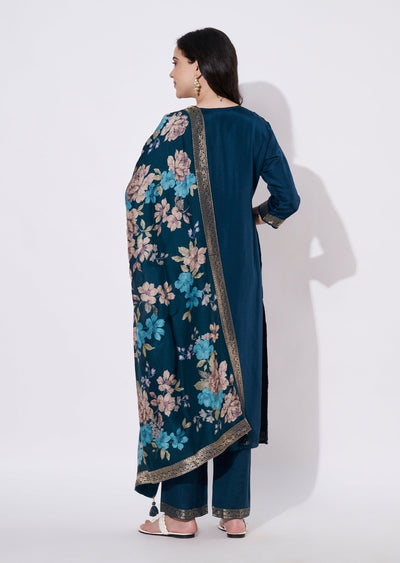 Teal Blue Silk Straight cut suit