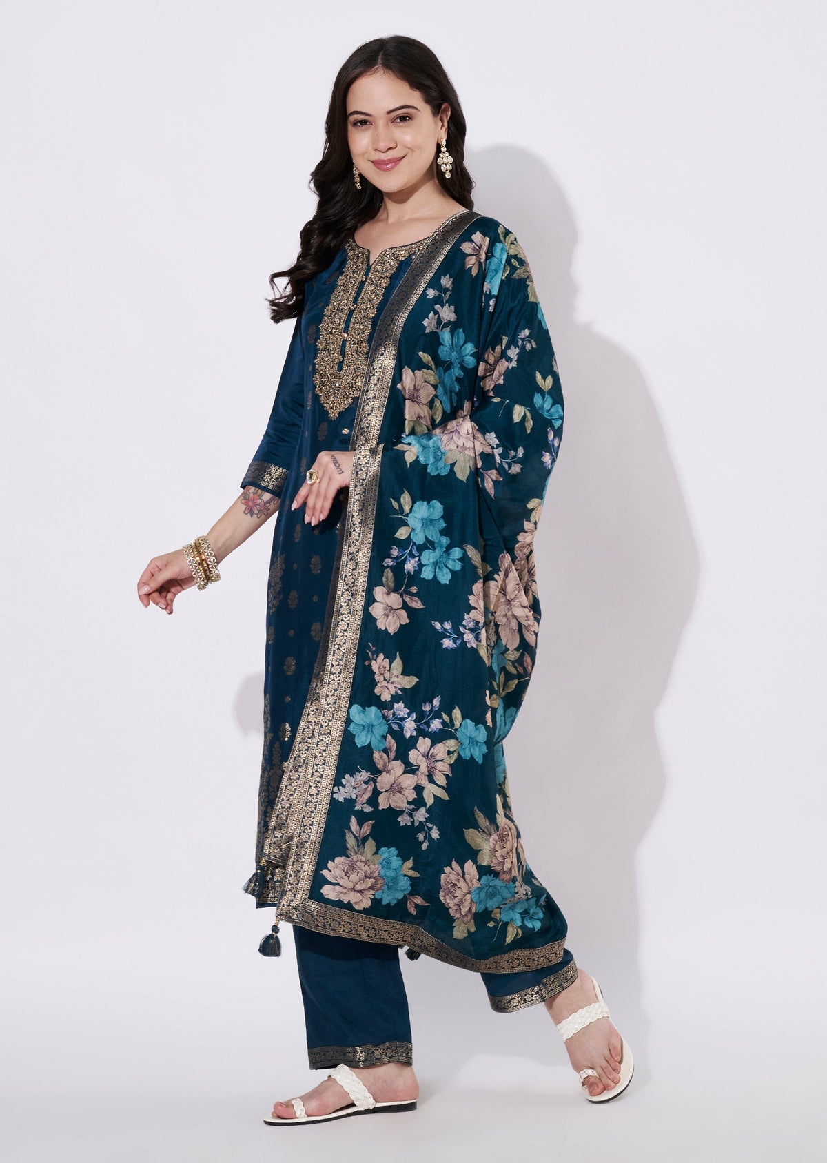Teal Blue Silk Straight cut suit
