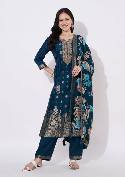 Teal Blue Silk Straight cut suit