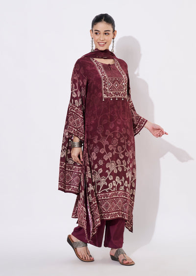 Maroon Muslin Straight cut suit