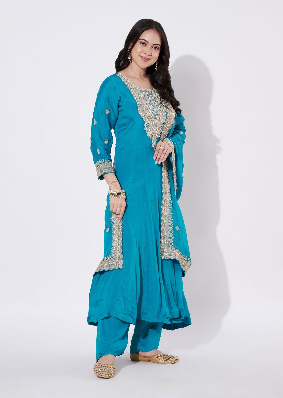 Rama Blue Chinnon Anarkali Suit