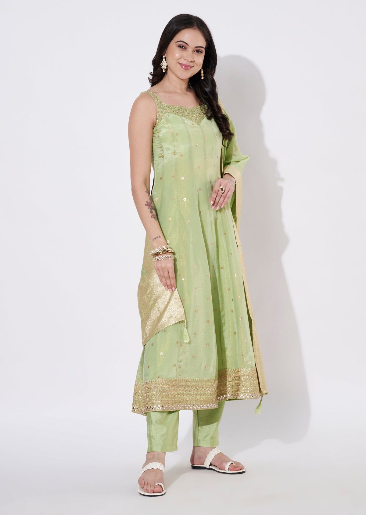 Light Green Tissue Anarkali Suit