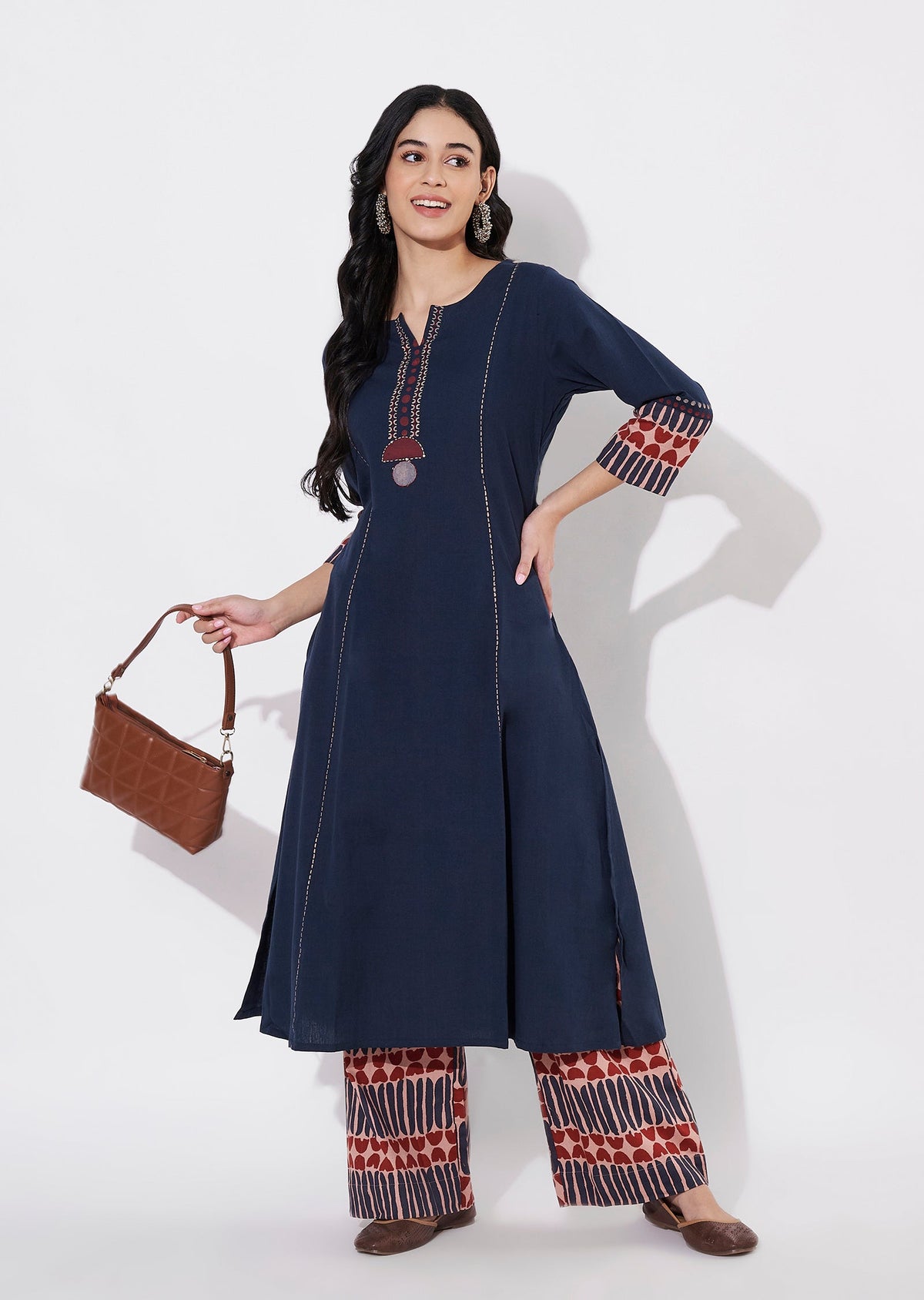 Navy Blue Cotton Fusion wear kurti