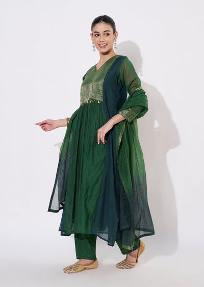 Mehndi Green Mul Chanderi Anarkali Suit