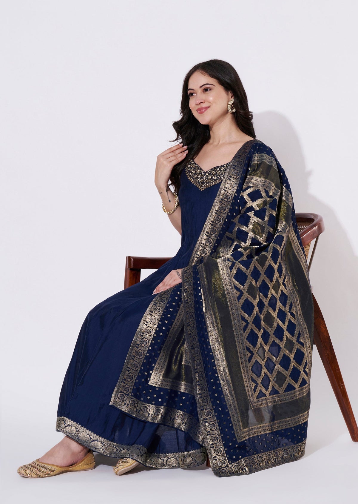 Navy Blue Silk Anarkali Suit