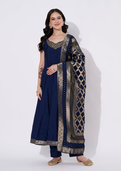 Navy Blue Silk Anarkali Suit