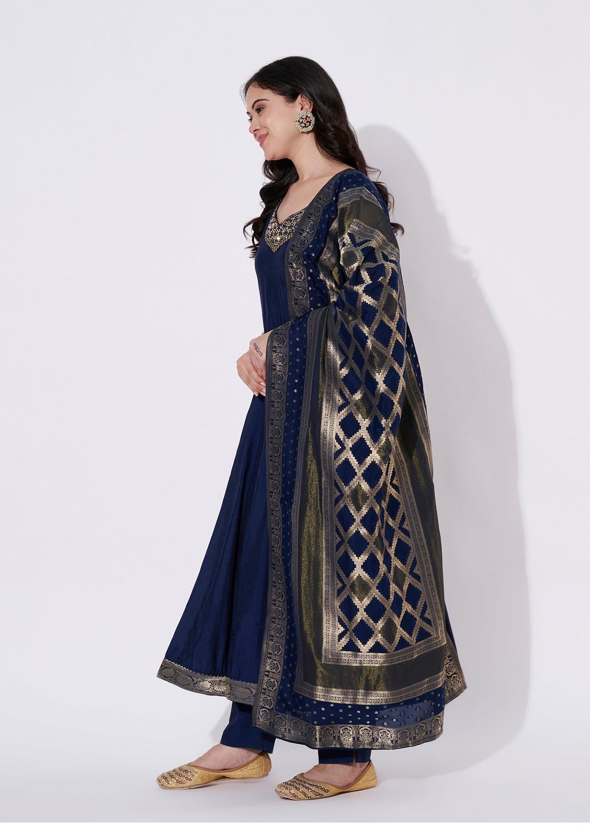 Navy Blue Silk Anarkali Suit