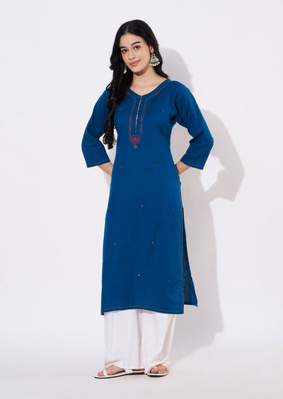 Teal Blue Cotton Straight cut Kurti