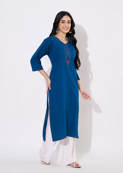 Teal Blue Cotton Straight cut Kurti