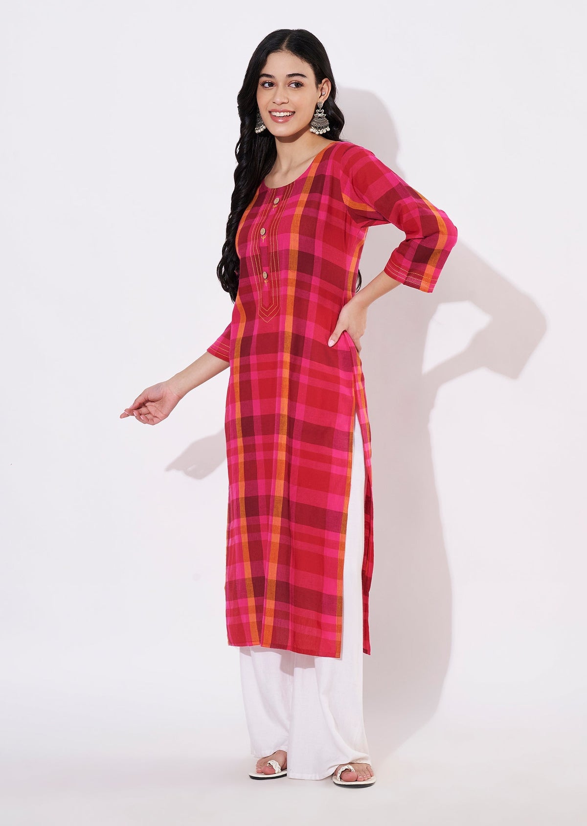 Pink Cotton Straight cut Kurti