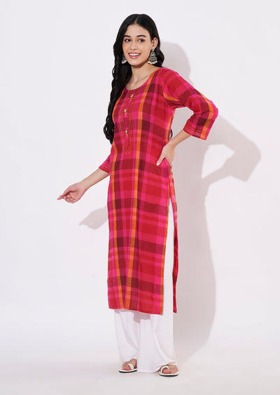 Pink Cotton Straight cut Kurti