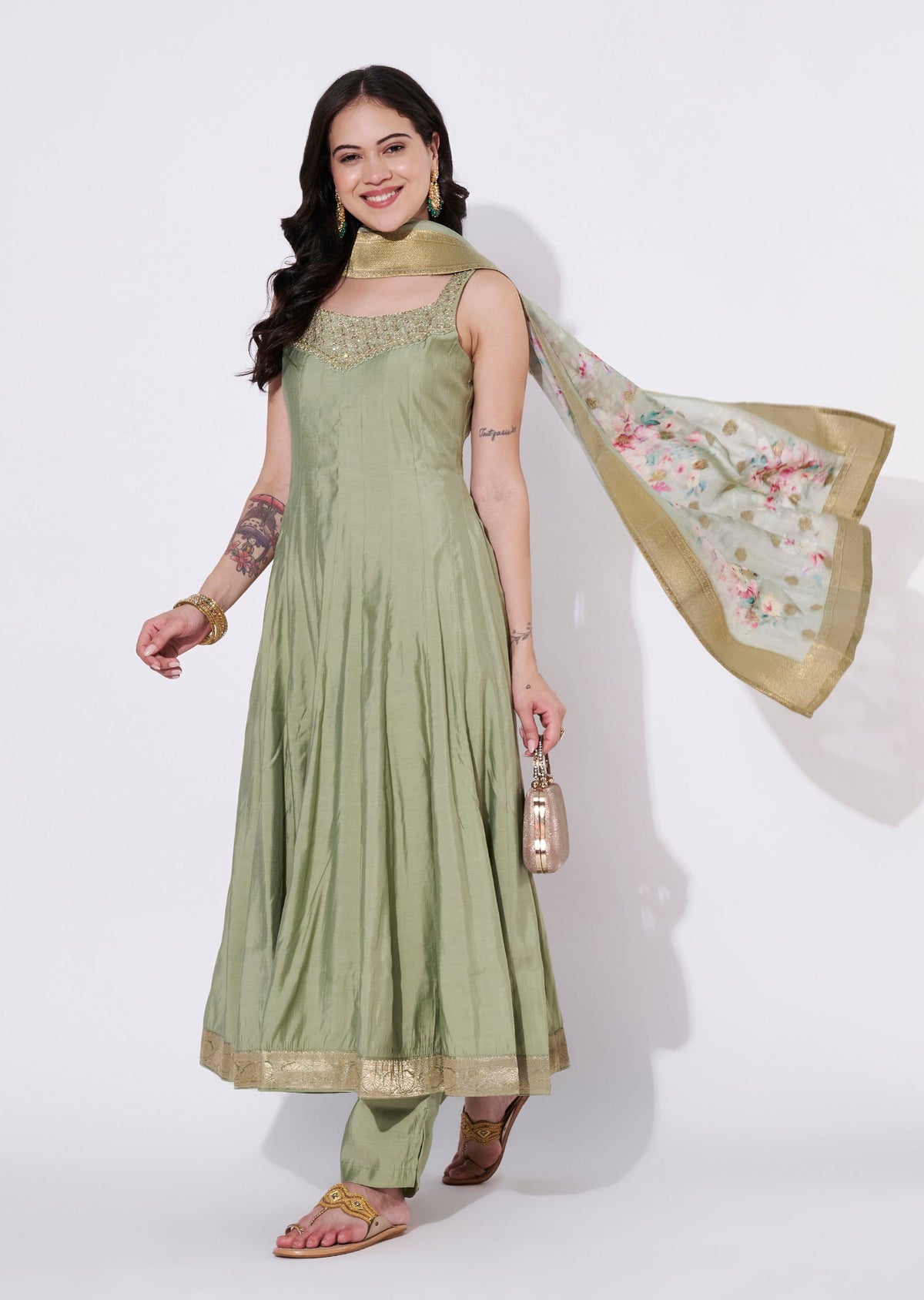 Dusty Green Silk Anarkali Suit