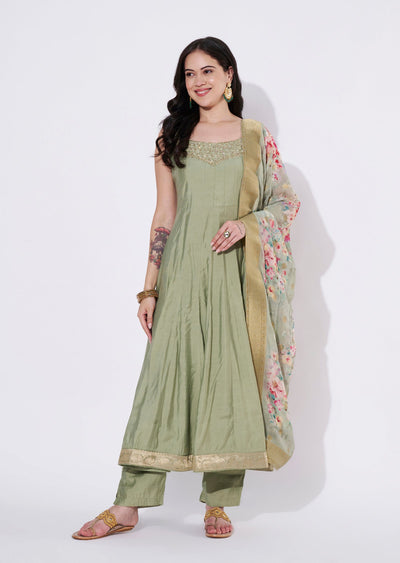 Dusty Green Silk Anarkali Suit